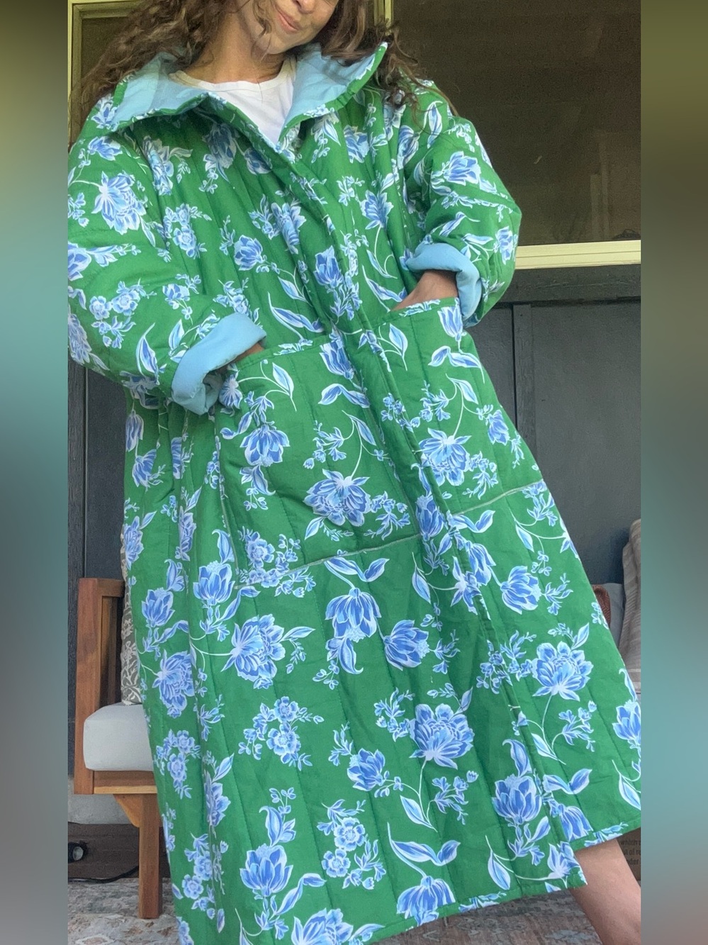 Handmade Quilt Jacket Green Floral Quilted Coat with Blue Flower Draper James